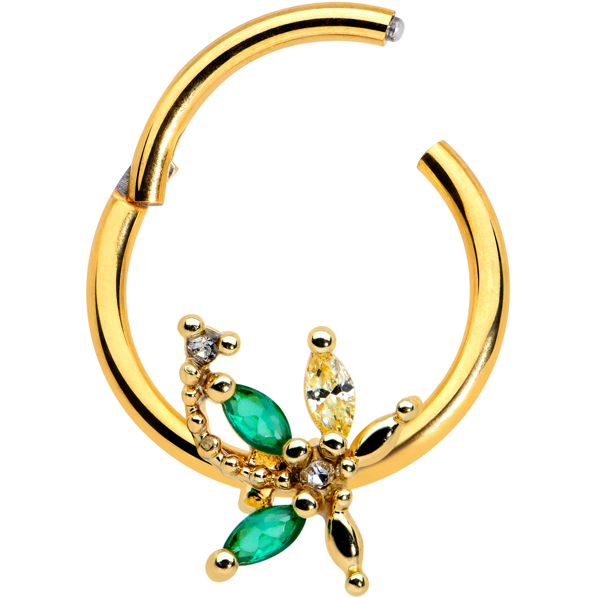 16G 3/8 Clear Green Gem Gold Tone Palm Tree Hinged Segment Ring
