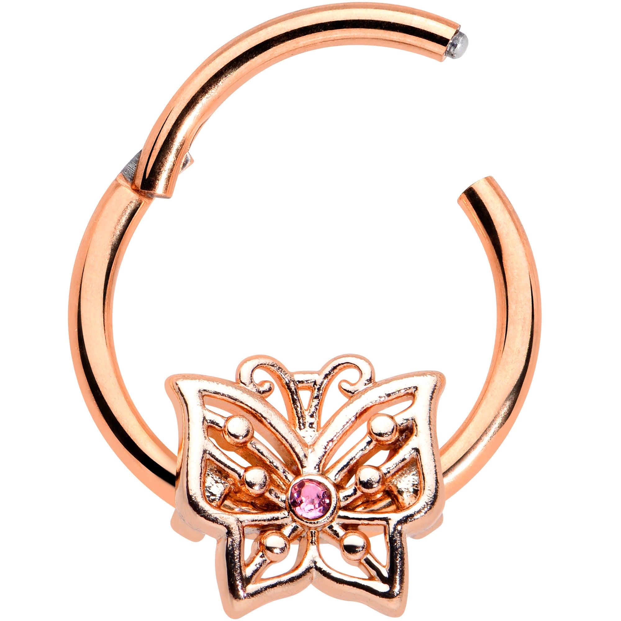 16G 3/8 Pink CZ Gem Rose Gold Tone Butterfly Hinged Segment Ring