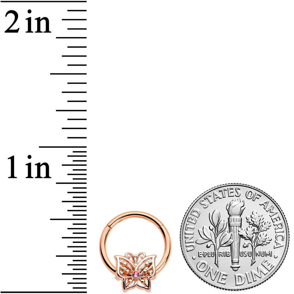 16G 3/8 Pink CZ Gem Rose Gold Tone Butterfly Hinged Segment Ring