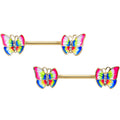 14G 9/16 Clear Gem Gold Tone Bright Butterfly Nipple Ring Set