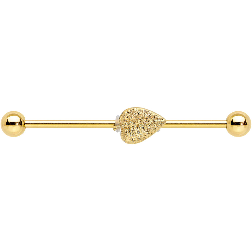 14G Gold Tone Autumn Textured Leaf Industrial Barbell 38mm