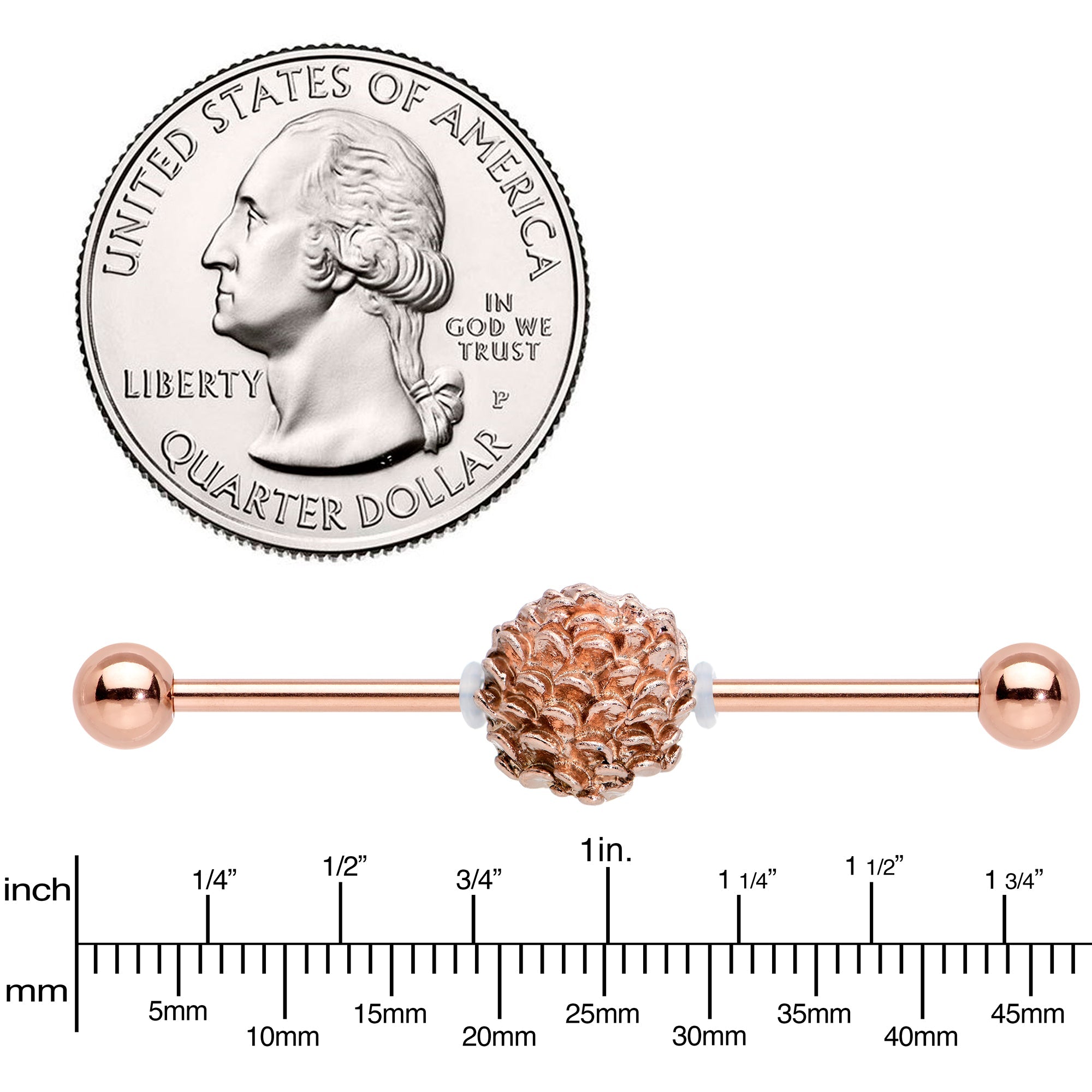 14G Rose Gold Tone Autumn Pine Cone Industrial Barbell 38mm