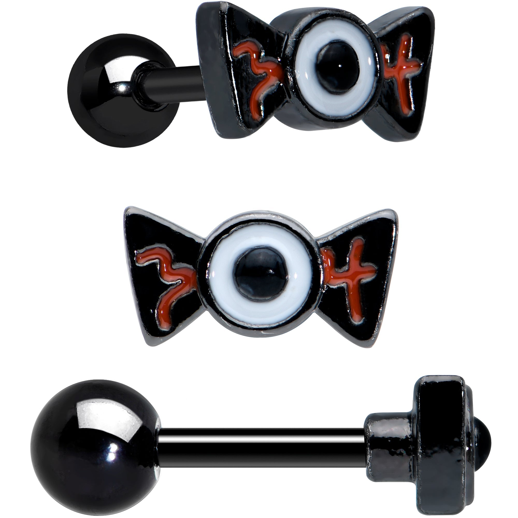 16G 1/4 Black Ghost Skull Eye Halloween Cartilage Tragus Set of 3