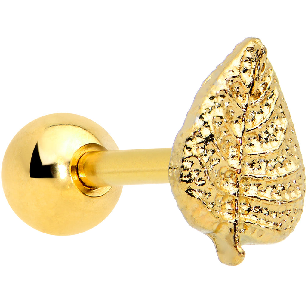 16G 1/4 Gold Tone Autumn Textured Leaf Cartilage Tragus Earring