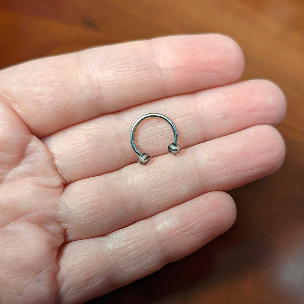 16G 3/8 Matte Grey Zebra Stripe Ends Horseshoe Circular Barbell