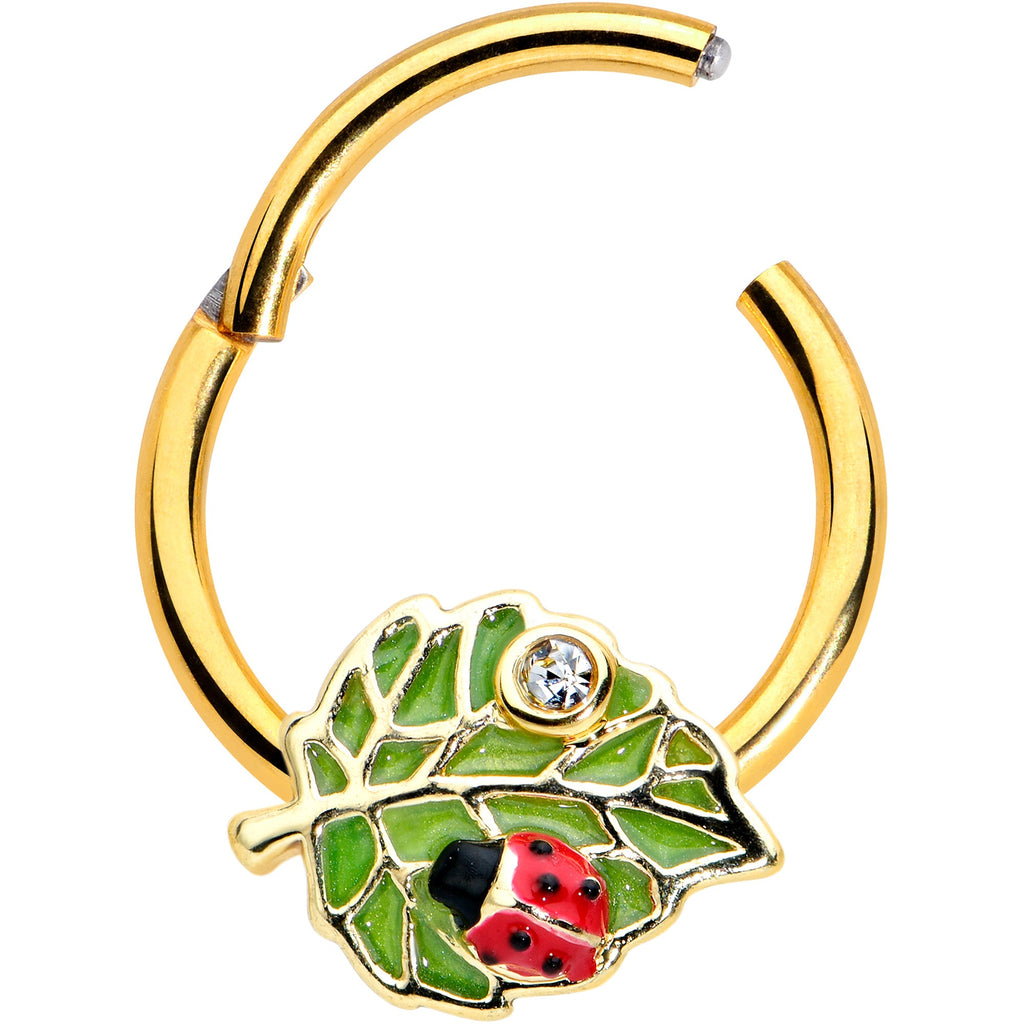 16G 3/8 Clear Gem Gold Tone Leafy Ladybug Hinged Segment Ring
