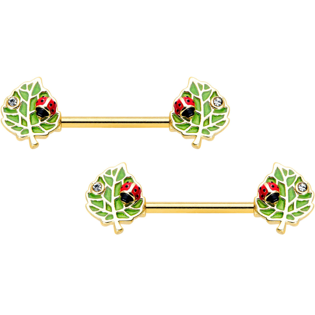 14G 9/16 Clear Gem Gold Hue Leafy Ladybug Barbell Nipple Ring Set