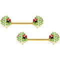 14G 9/16 Clear Gem Gold Hue Leafy Ladybug Barbell Nipple Ring Set