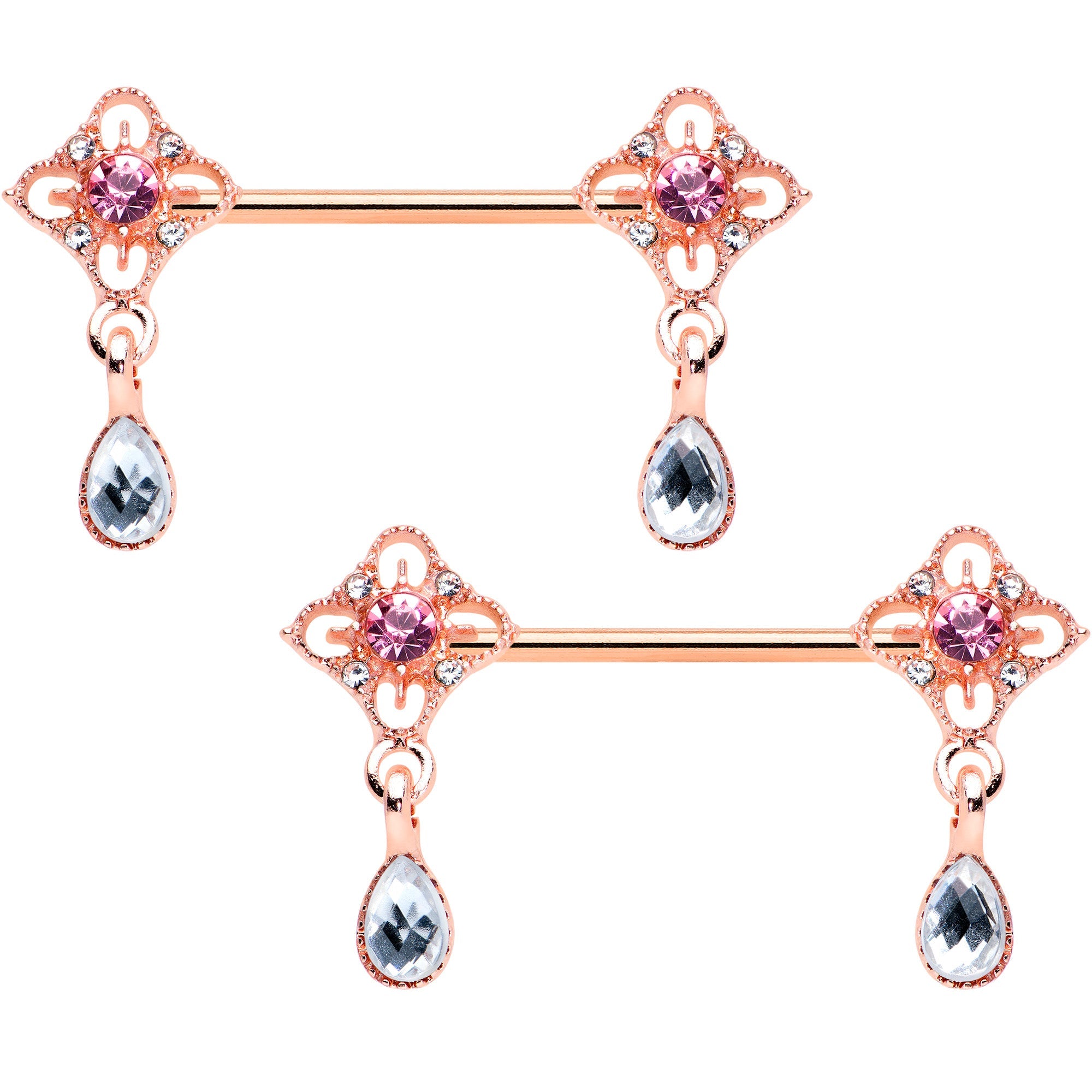 14G 9/16 Purple Grey Gem Rose Gold Tone Dangle Nipple Ring Set
