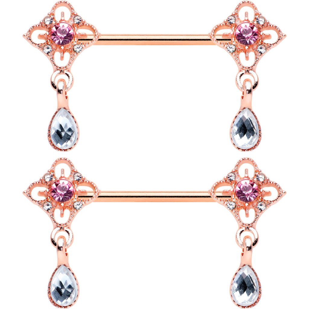 14G 9/16 Purple Grey Gem Rose Gold Tone Dangle Nipple Ring Set