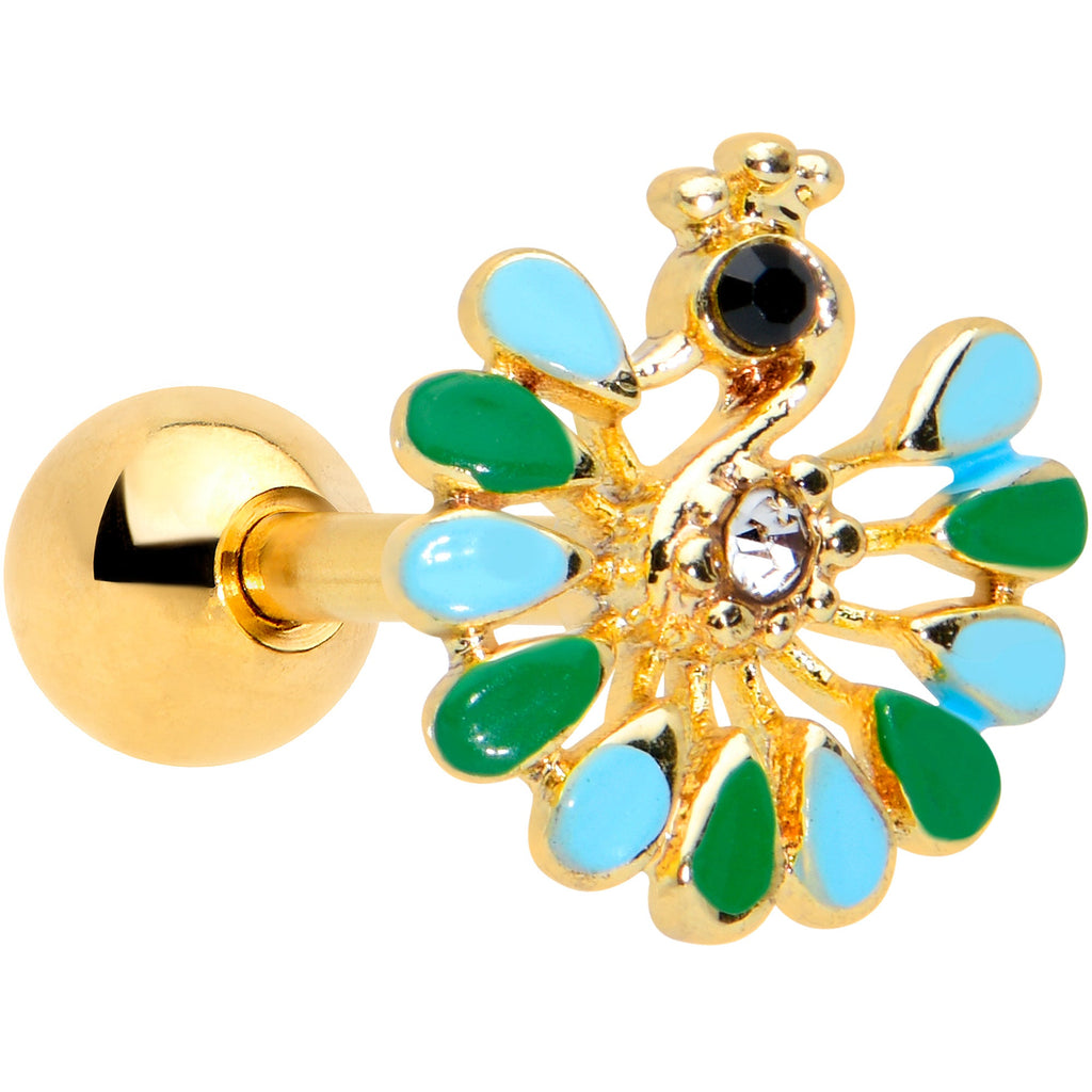 16G 1/4 Clear Black Gem Gold Tone Pretty Peacock Cartilage Tragus