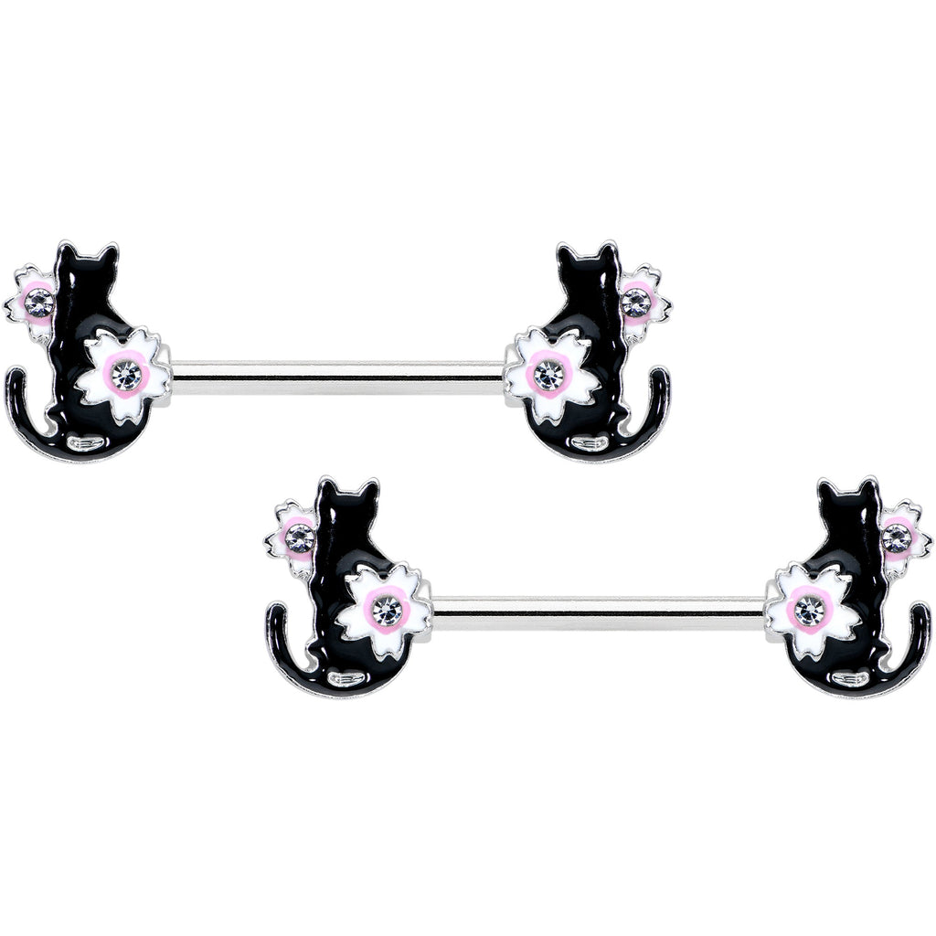 14G 9/16 Clear Gem Flowers Black Cat Barbell Nipple Ring Set