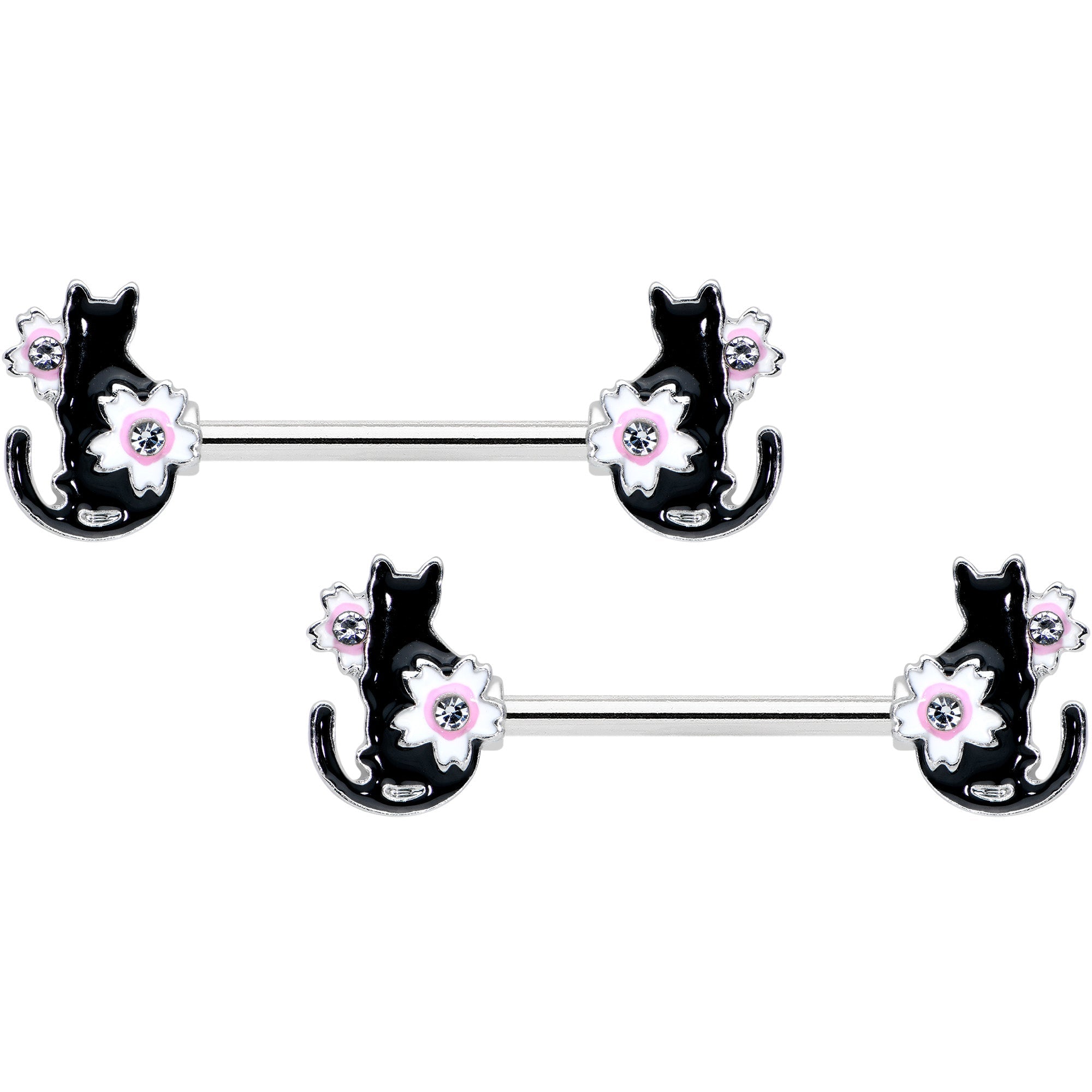 14G 9/16 Clear Gem Flowers Black Cat Barbell Nipple Ring Set