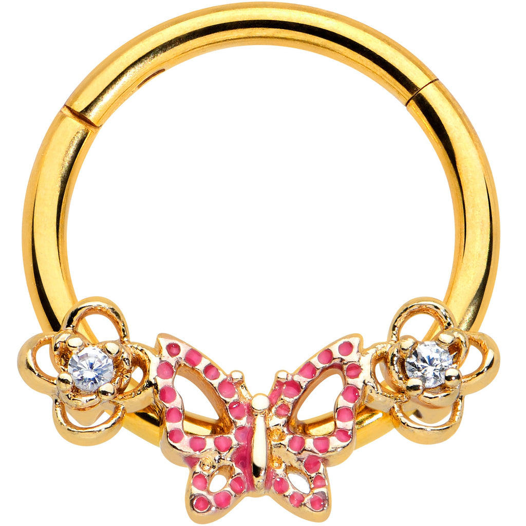 16G 3/8 Clear CZ Gem Gold Hue Sweet Butterfly Hinged Segment Ring