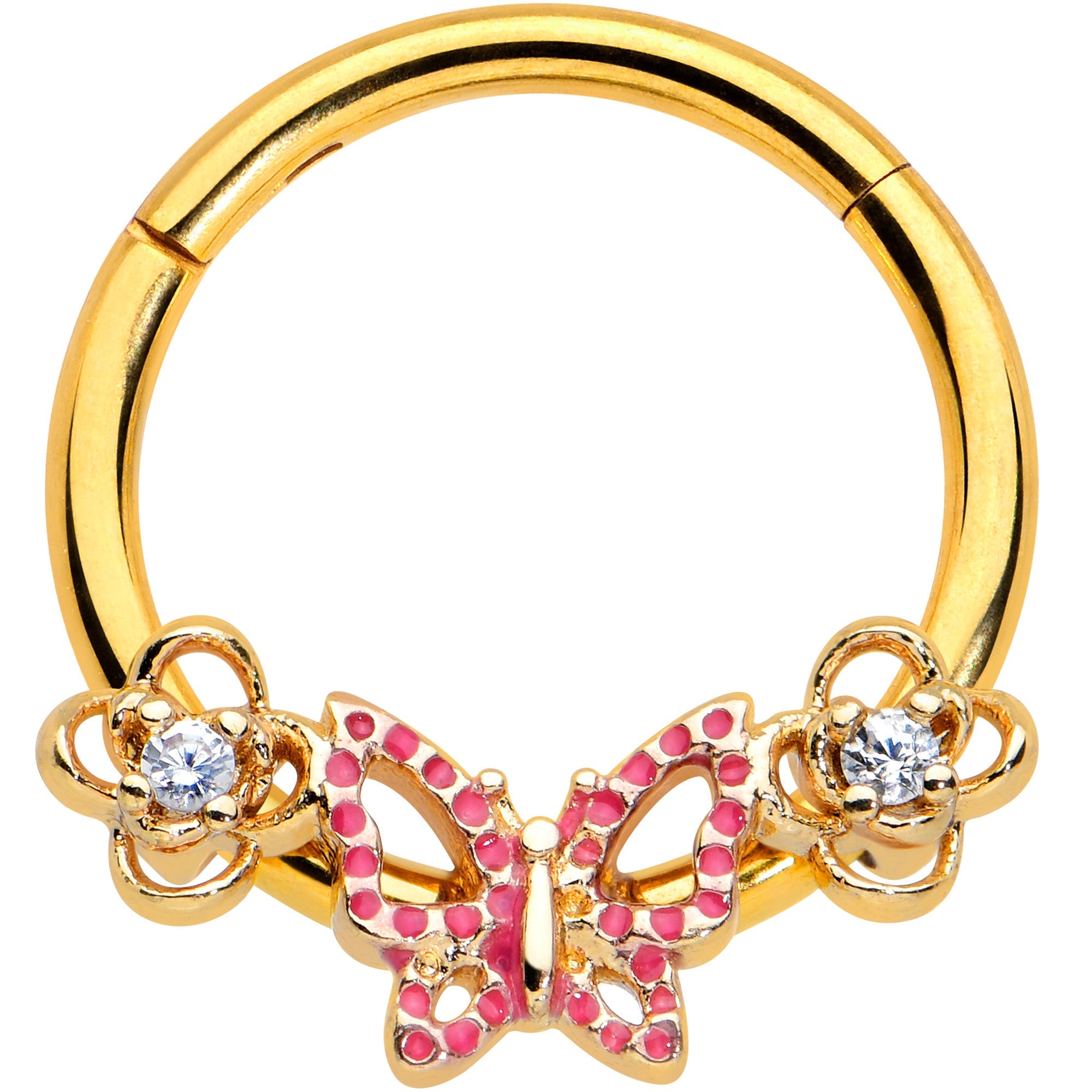 16G 3/8 Clear CZ Gem Gold Hue Sweet Butterfly Hinged Segment Ring