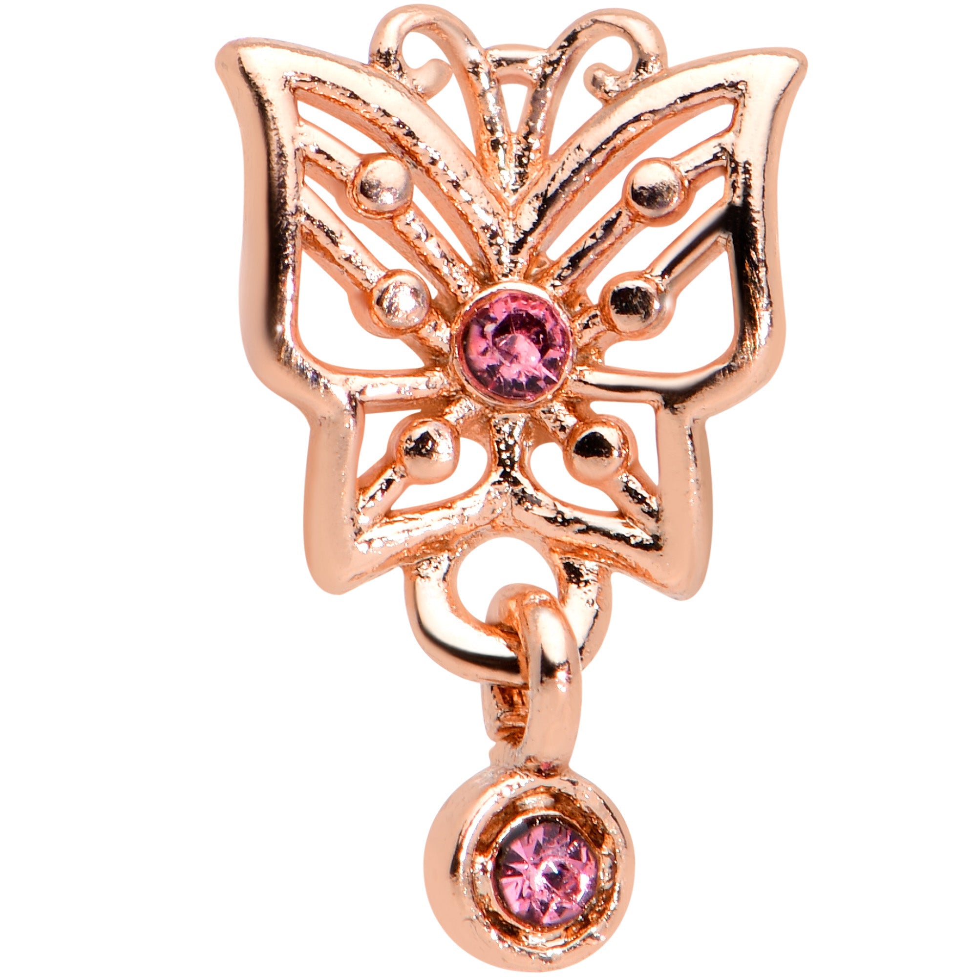 16G 5/16 Pink CZ Gem Rose Gold Hue Butterfly Labret Monroe Tragus