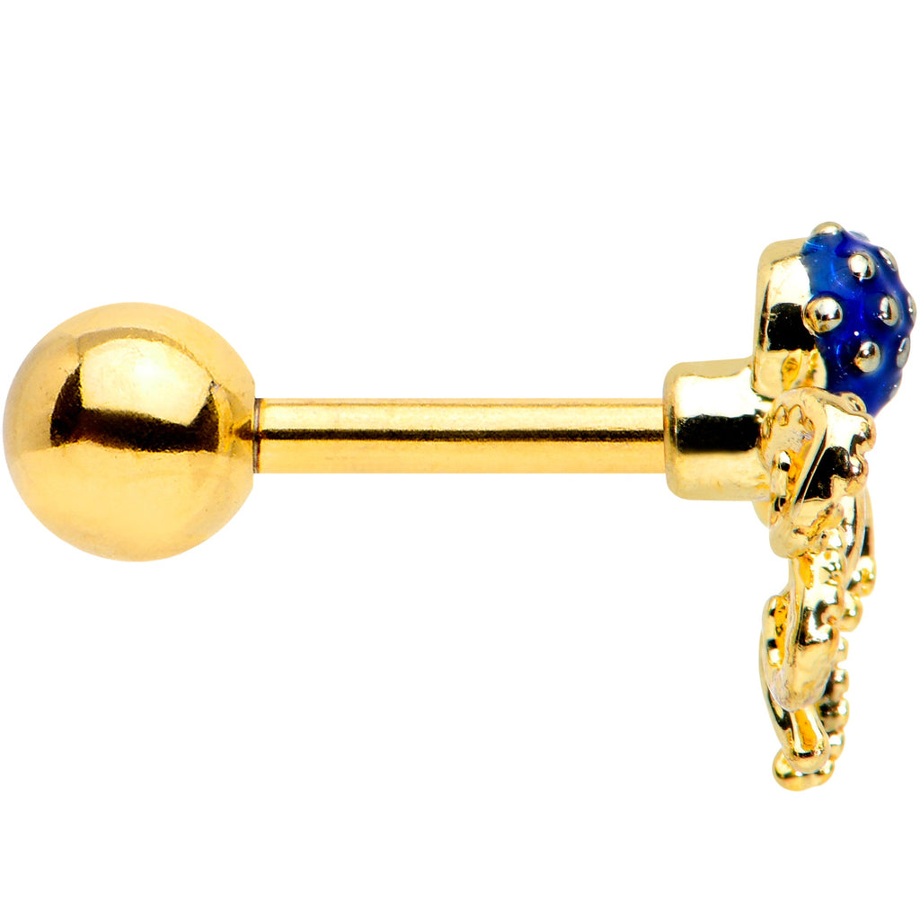 16G 1/4 Gold Tone Textured Blue Octopus Cartilage Tragus Earring