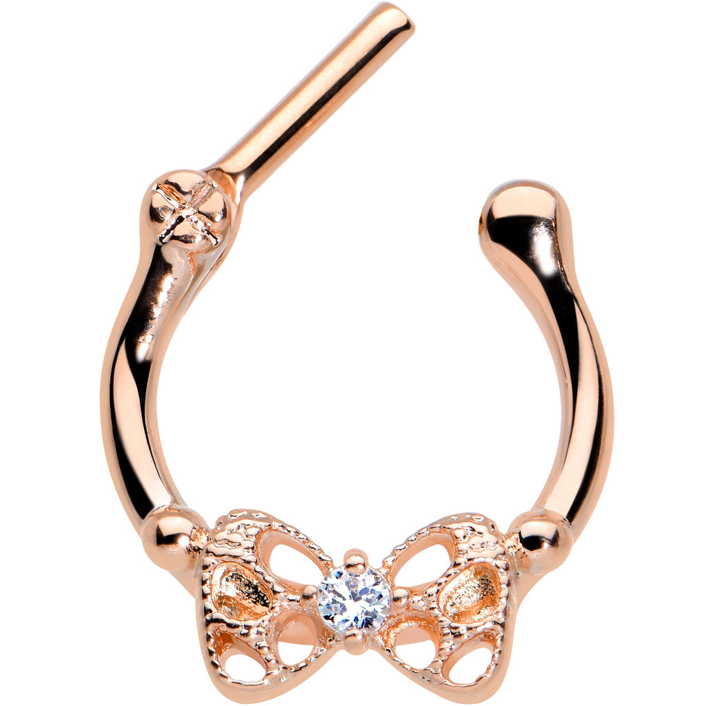 16G 3/8 Clear CZ Gem Rose Gold Hue Openwork Bow Cartilage Clicker