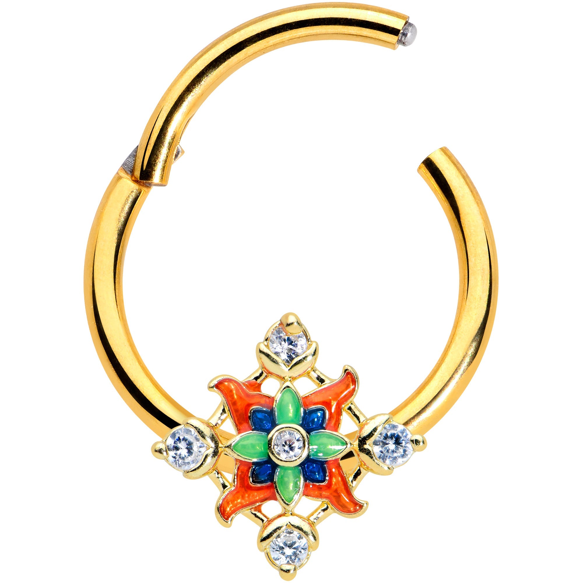 16G 3/8 Clear CZ Gem Gold Tone Color Crest Hinged Segment Ring