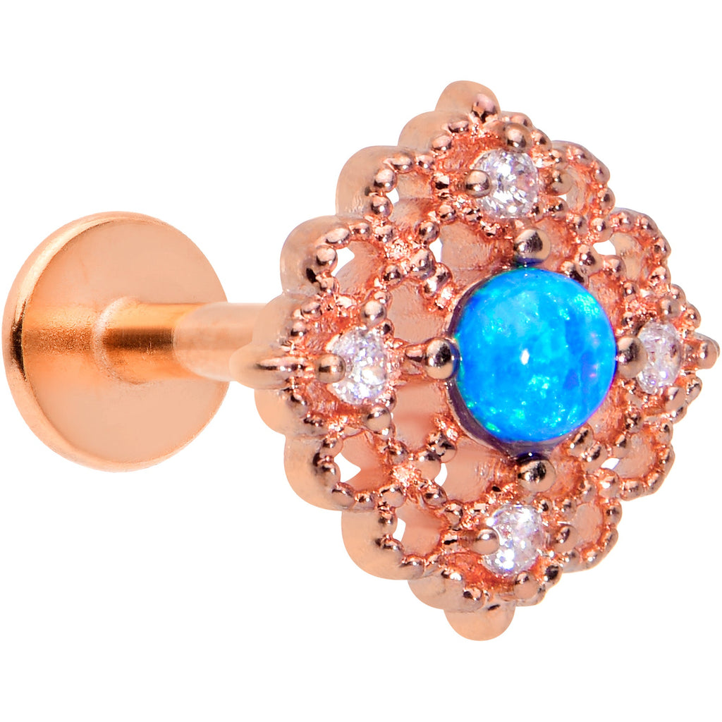 16G 5/16 Blue Synth Opal Rose Gold Tone Lacy Labret Monroe Tragus