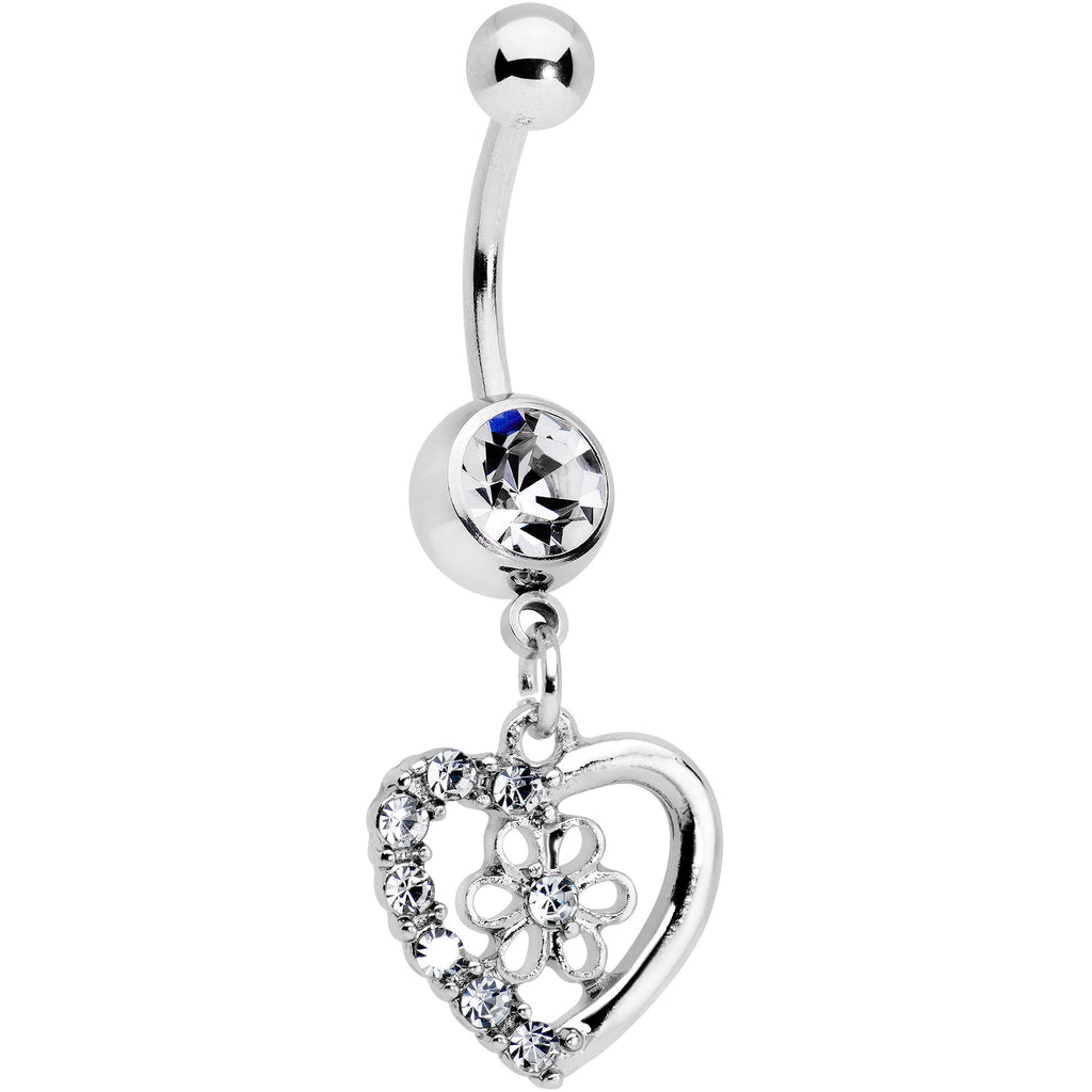 Clear Gem Floral Hollow Heart Valentines Day Dangle Belly Ring
