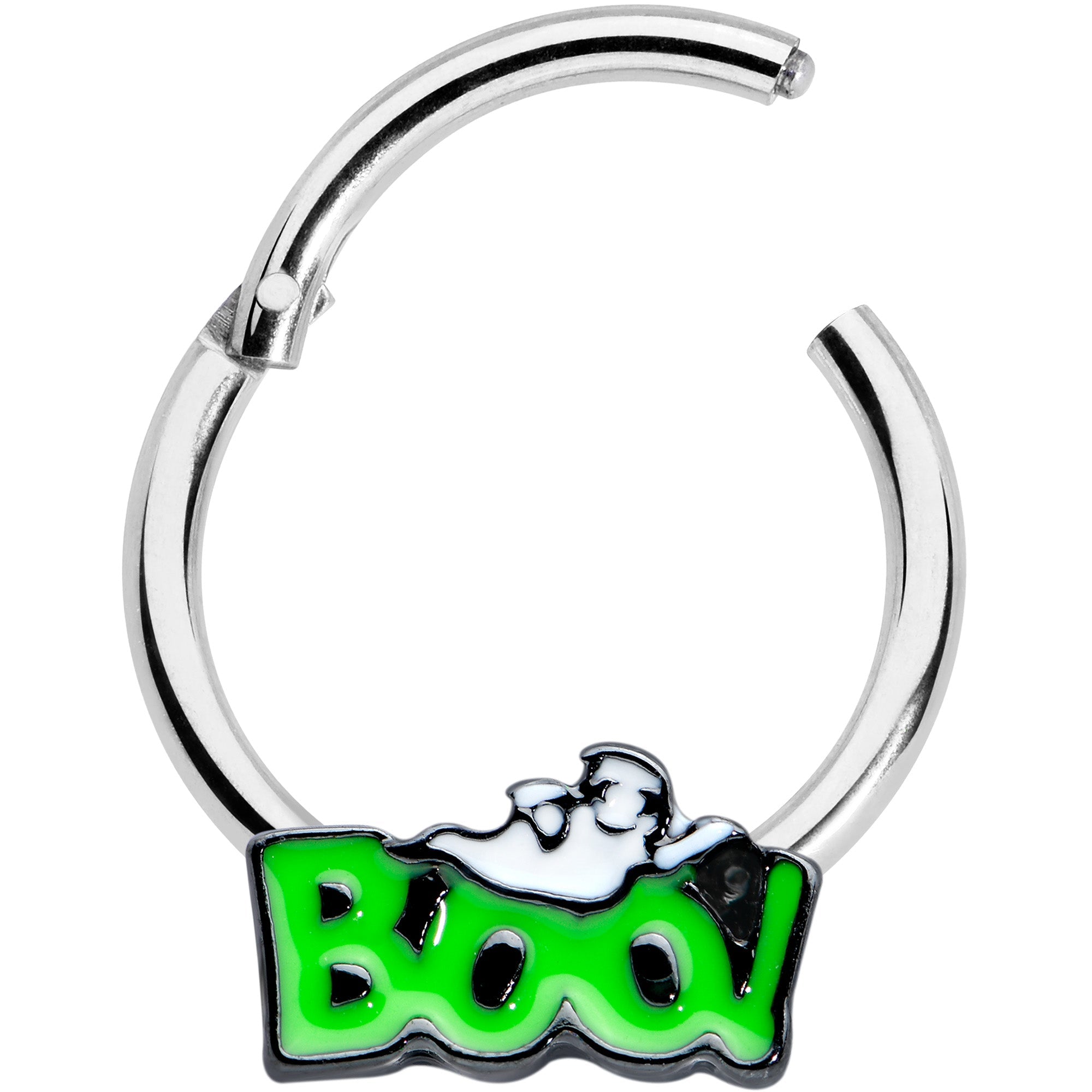 16G 3/8 Green Boo Smile Ghost Halloween Hinged Segment Ring