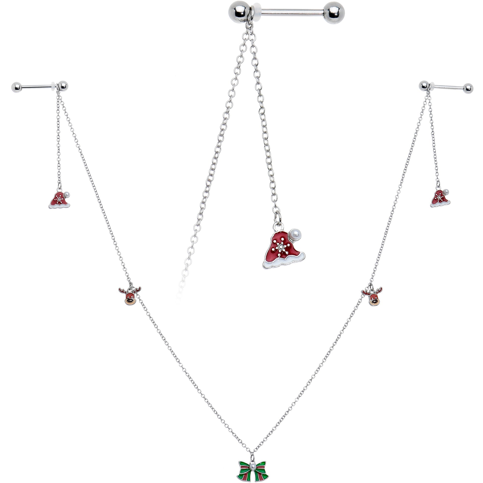 14G 9/16 White Orb Santa Hat Christmas Barbell Nipple Chain Set