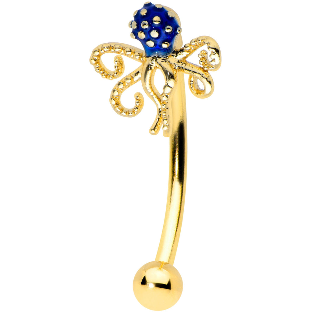 16G 5/16 Gold Tone Textured Blue Octopus Curved Eyebrow Ring