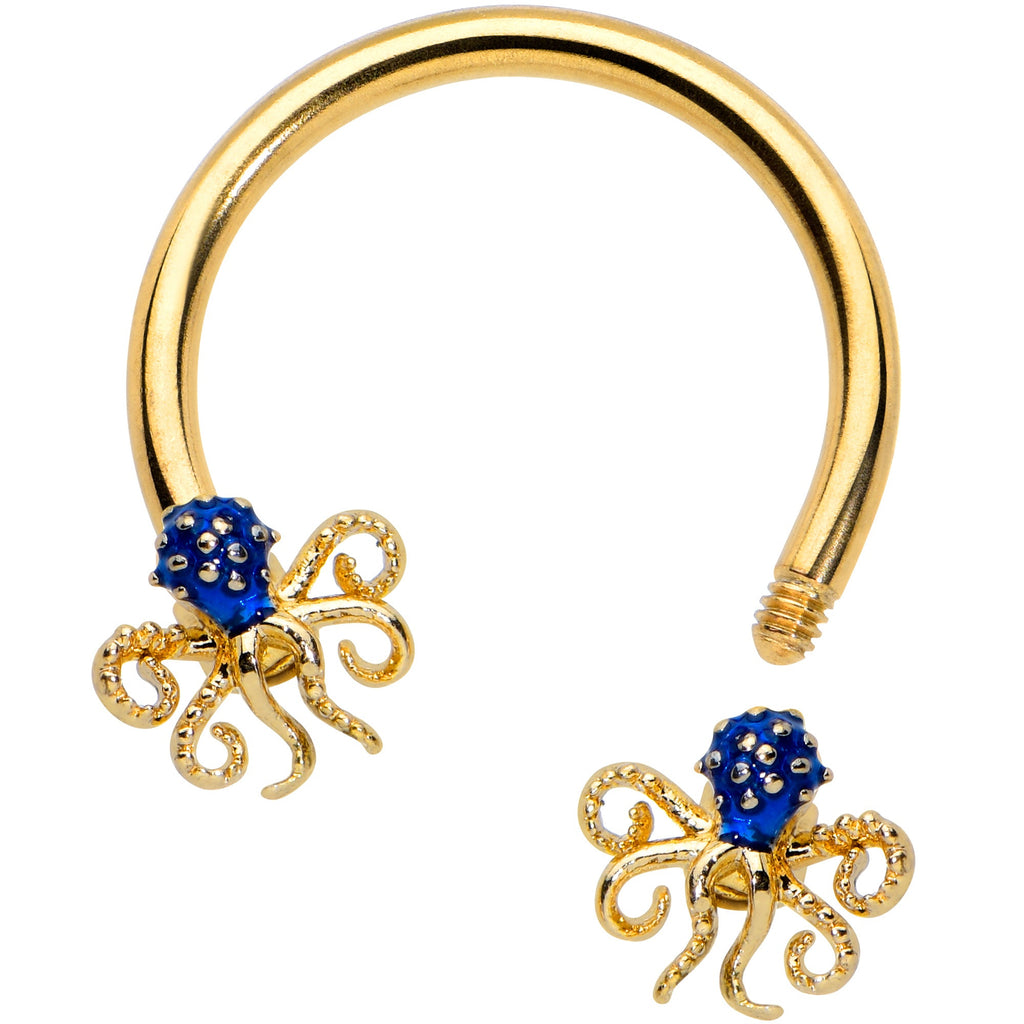 16G 3/8 Gold Tone Blue Octopus Ends Horseshoe Circular Barbell