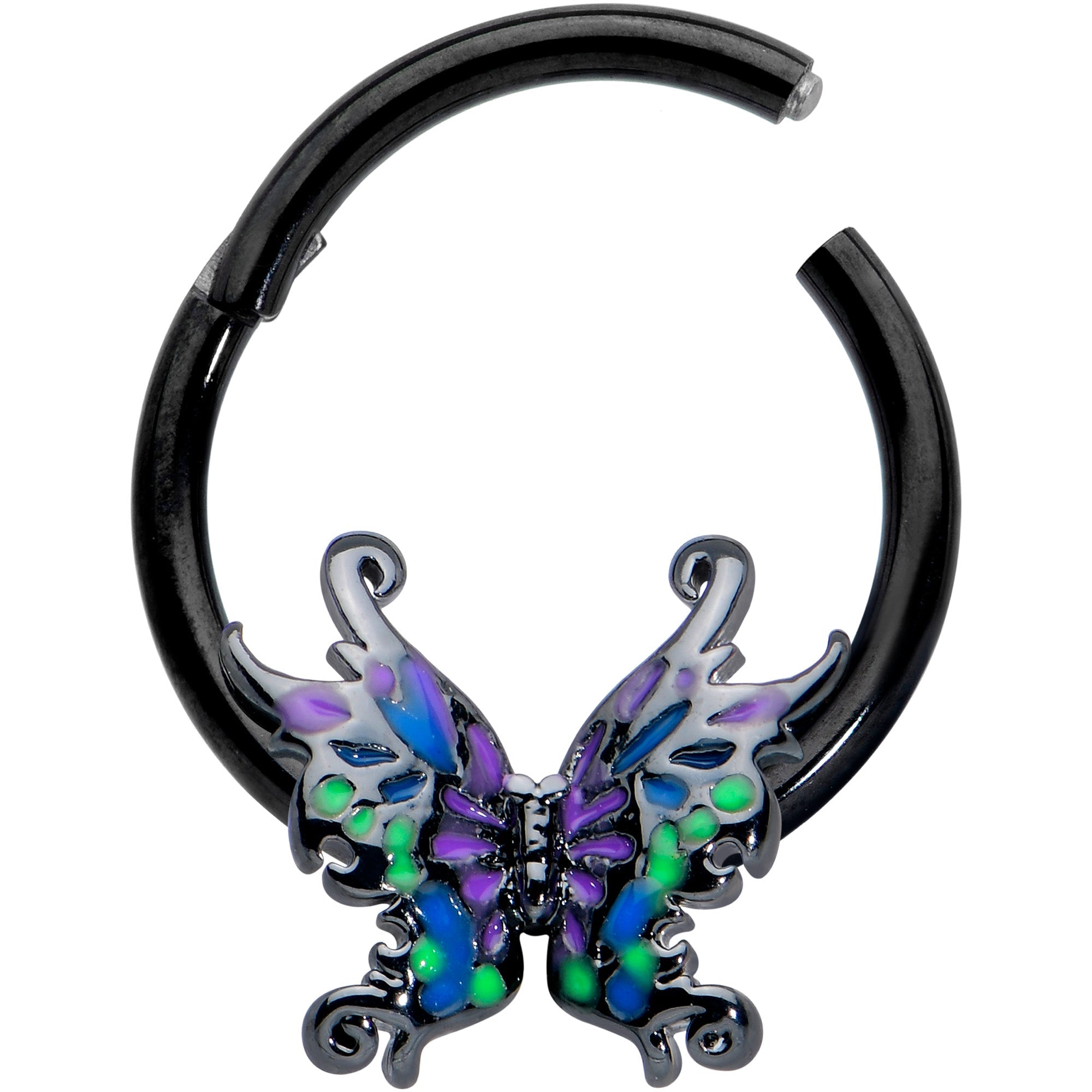 16G 3/8 Black Fantasy Faerie Wings Hinged Segment Ring