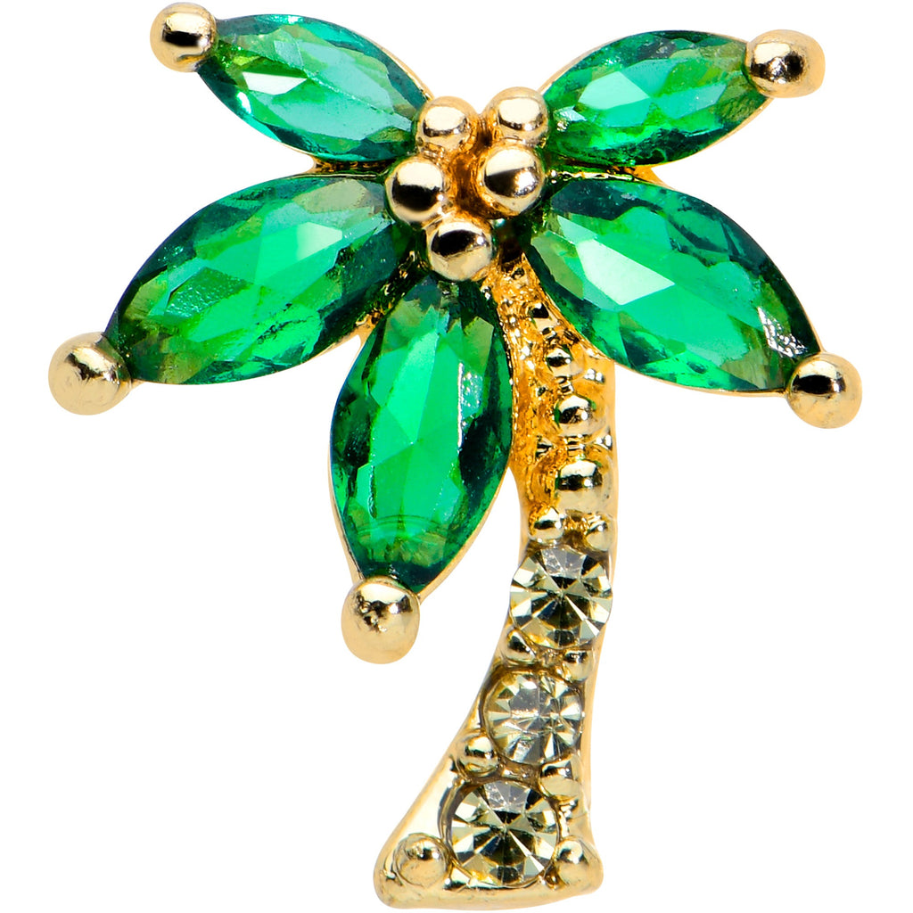 16G 1/4 Clear Green Gem Gold Tone Palm Tree Cartilage Tragus