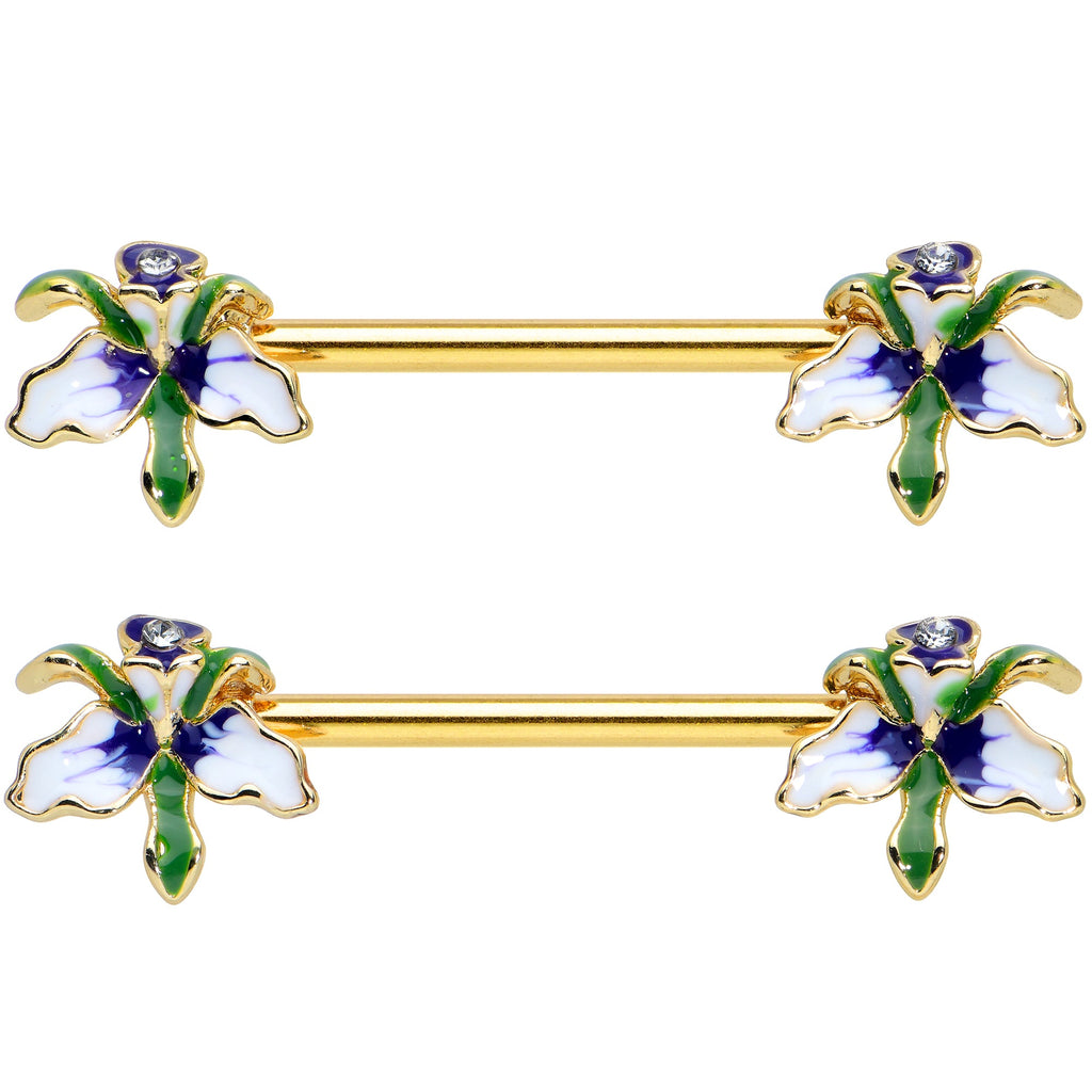 14G 9/16 Clear Gem Gold Tone Iris Flower Barbell Nipple Ring Set