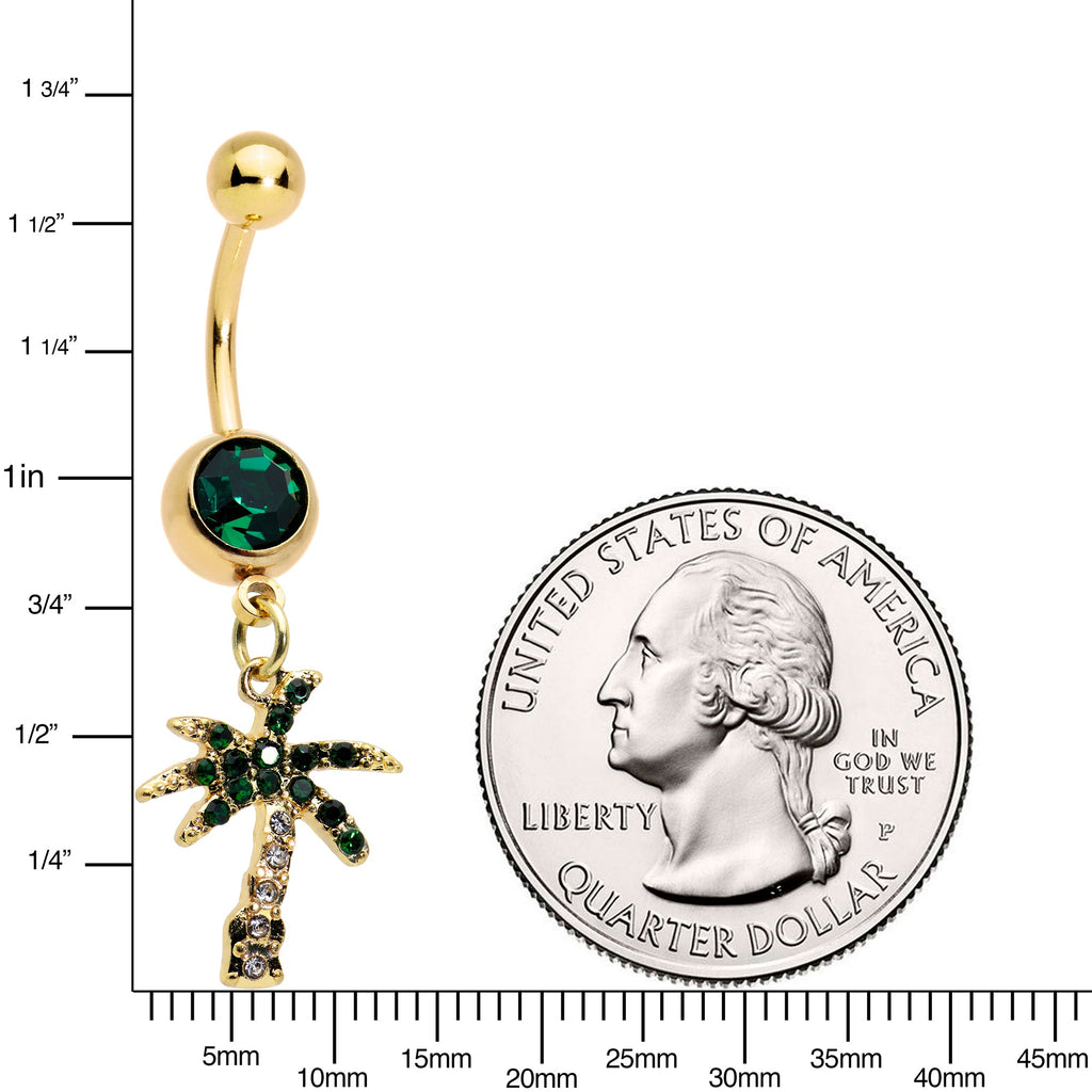 Green Gem Gold Tone Gator Palm Tree Dangle Belly Ring Set of 2