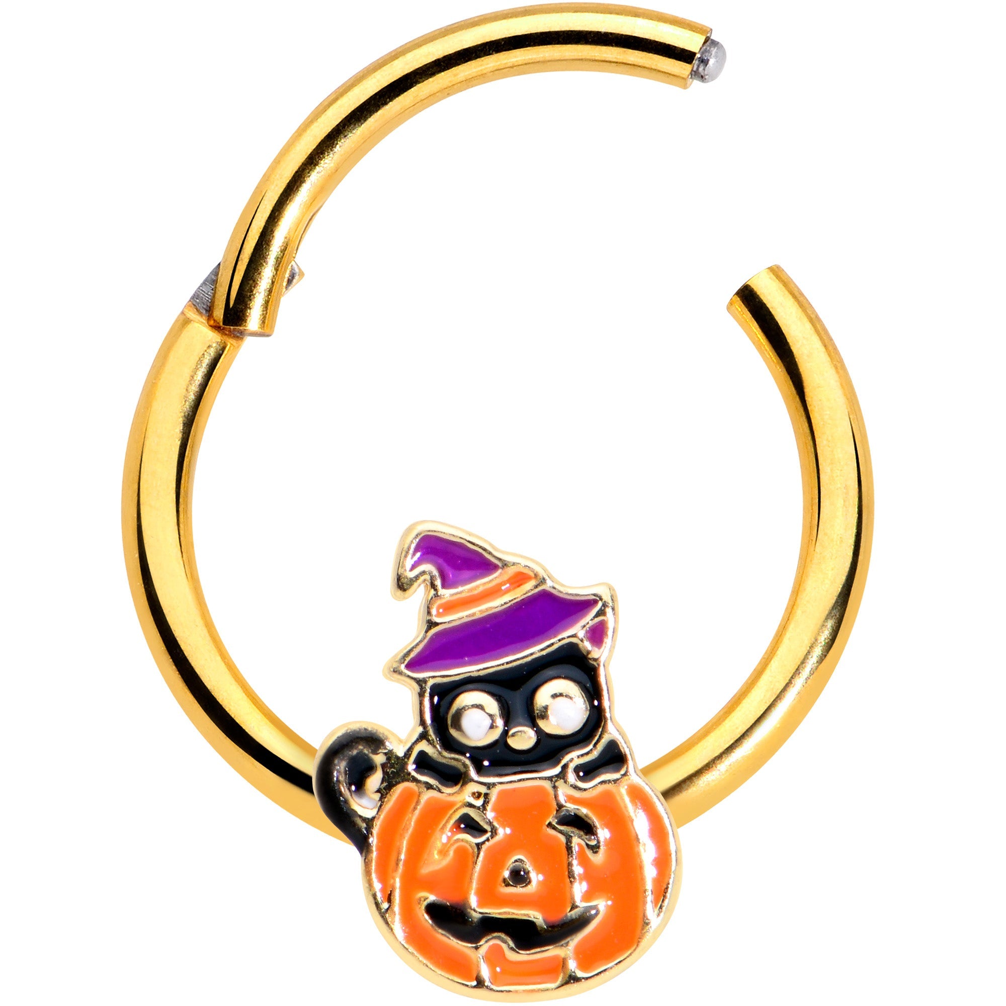 16G 3/8 Gold Tone Black Cat Witch Pumpkin Hinged Segment Ring