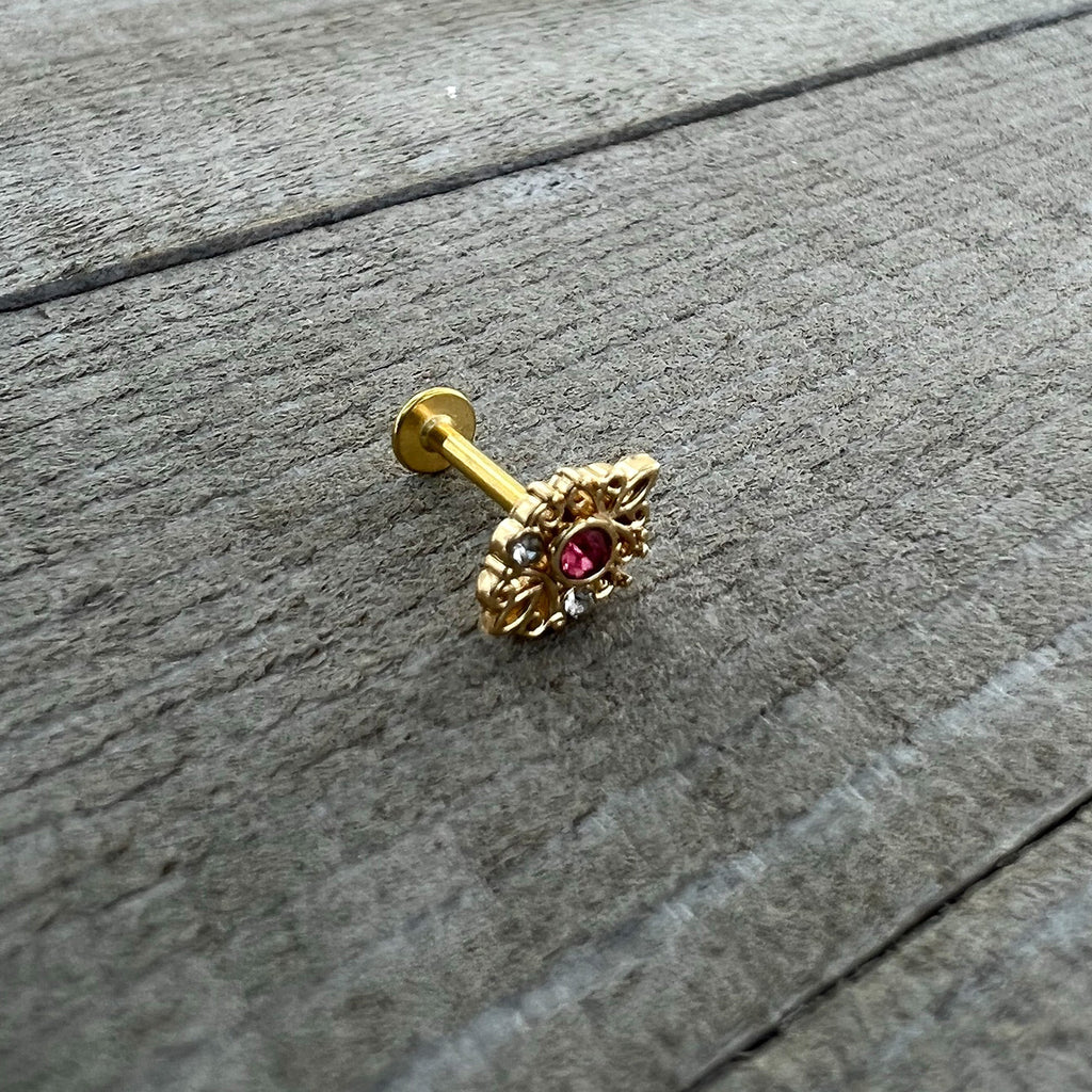 16G 5/16 Pink Clear Gem Gold Tone Lace Love Labret Monroe Tragus