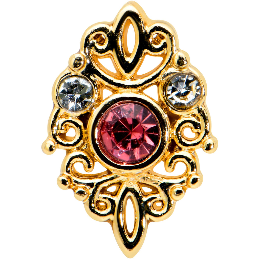 20G 1/4 Pink Clear Gem Gold Tone Lace Love Nose Bone