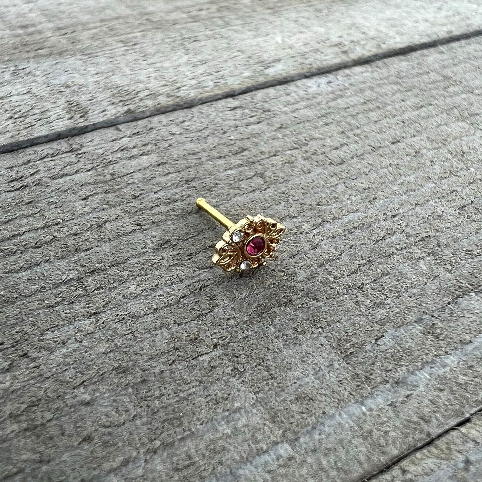 20G 1/4 Pink Clear Gem Gold Tone Lace Love Nose Bone