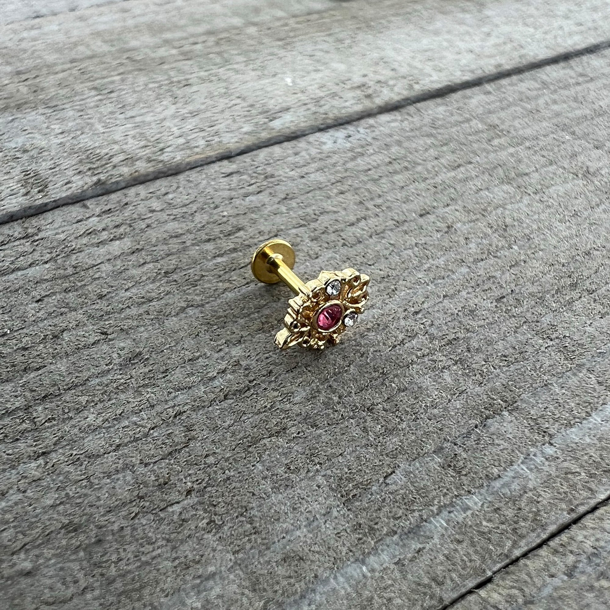 16G 1/4 Pink Clear Gem Gold Tone Lace Love Labret Monroe Tragus