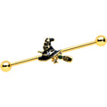 14G Clear Gem Gold Tone Witch Hat Broom Industrial Barbell 38mm