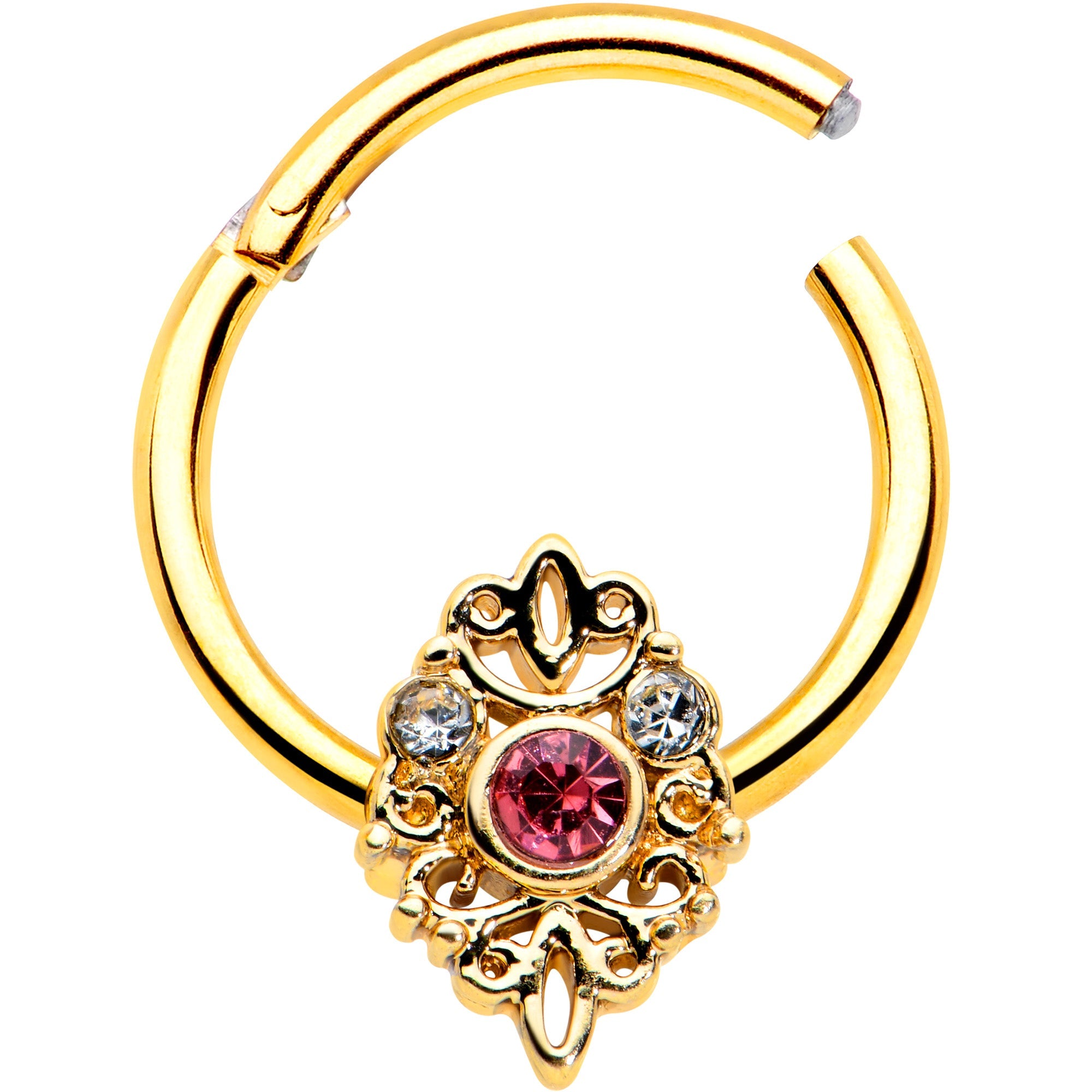 16G 3/8 Pink Clear Gem Gold Tone Lace Love Hinged Segment Ring