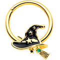 16G 3/8 Gold Tone Witch Hat Broom Halloween Hinged Segment Ring