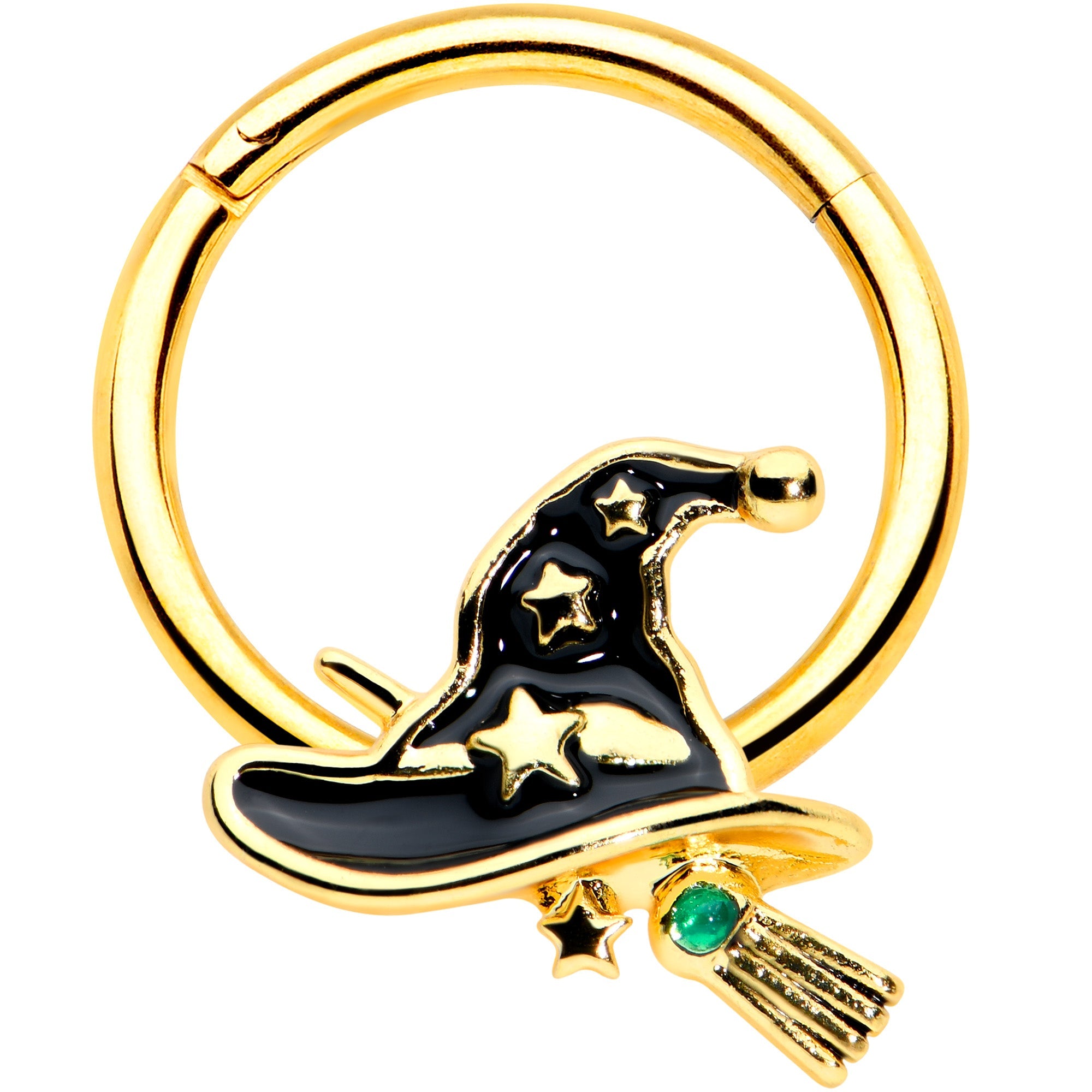 16G 3/8 Gold Tone Witch Hat Broom Halloween Hinged Segment Ring