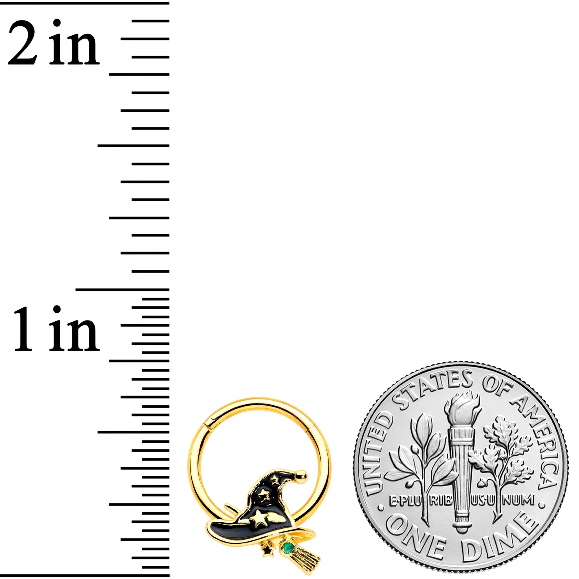 16G 3/8 Gold Tone Witch Hat Broom Halloween Hinged Segment Ring