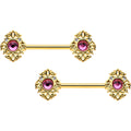 14G 9/16 Pink Gem Gold Hue Open Lace Love Barbell Nipple Ring Set