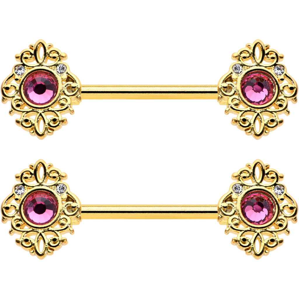 14G 9/16 Pink Gem Gold Hue Open Lace Love Barbell Nipple Ring Set