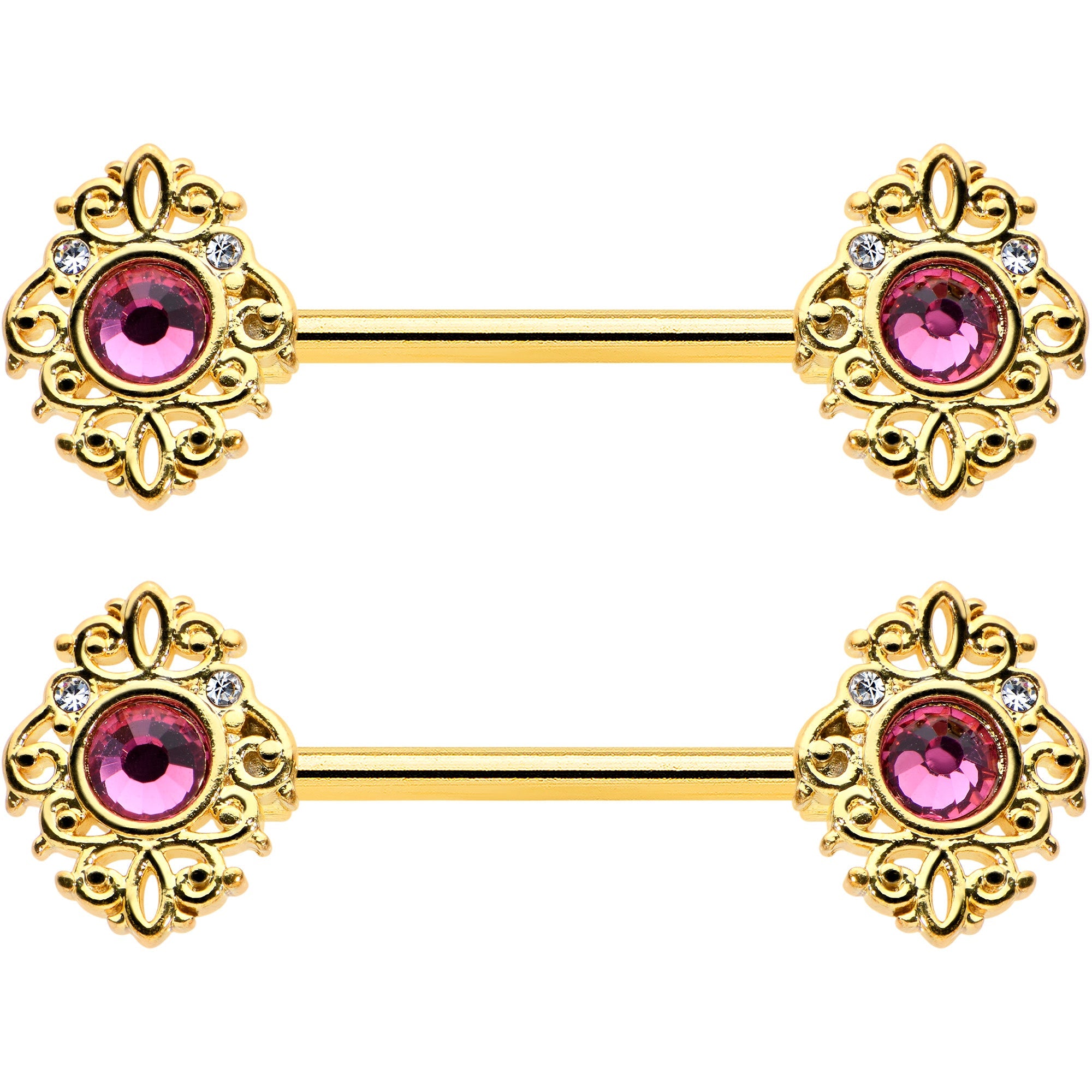 14G 9/16 Pink Gem Gold Hue Open Lace Love Barbell Nipple Ring Set
