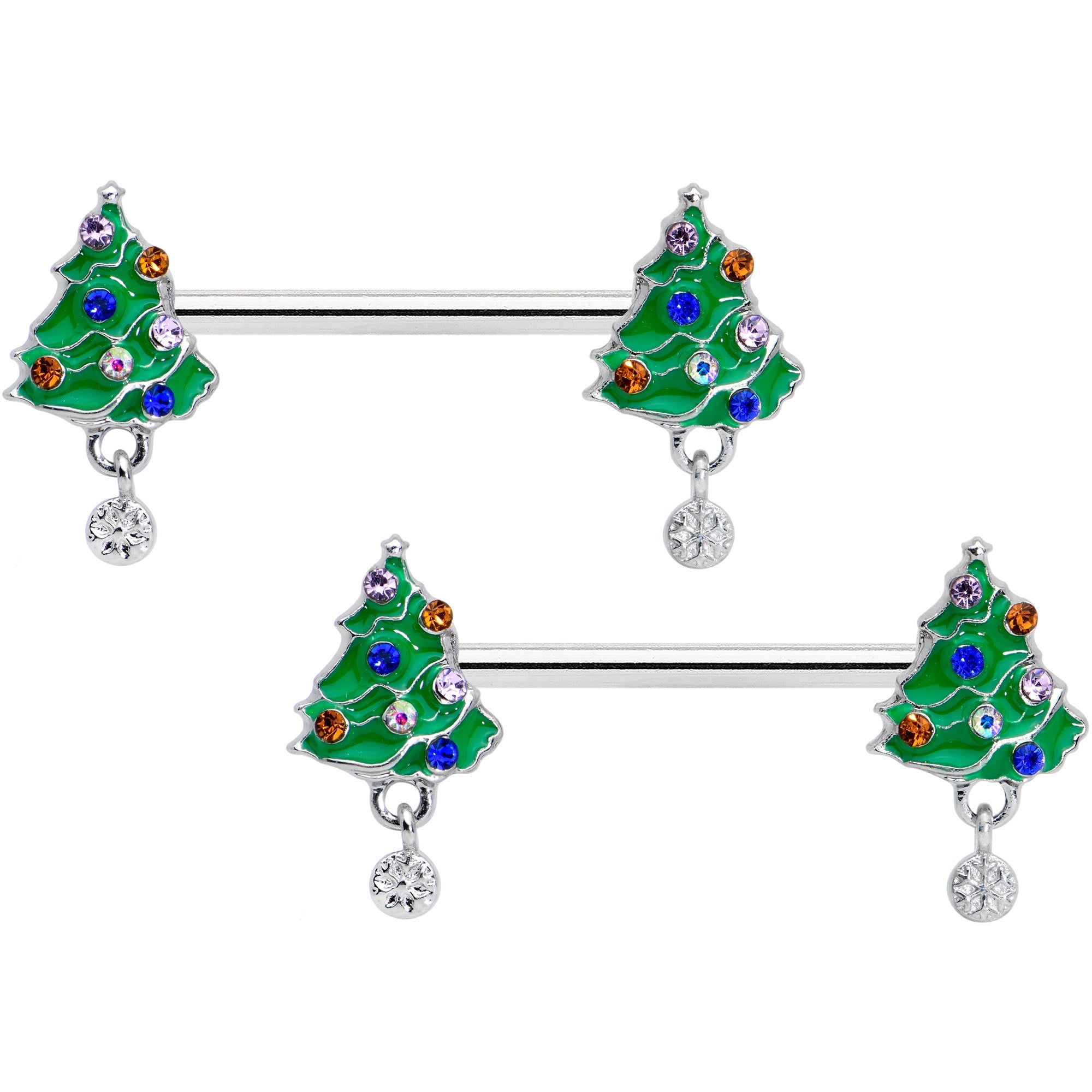 14G 1/2 Clear Blue Red Gem Christmas Tree Barbell Nipple Ring Set
