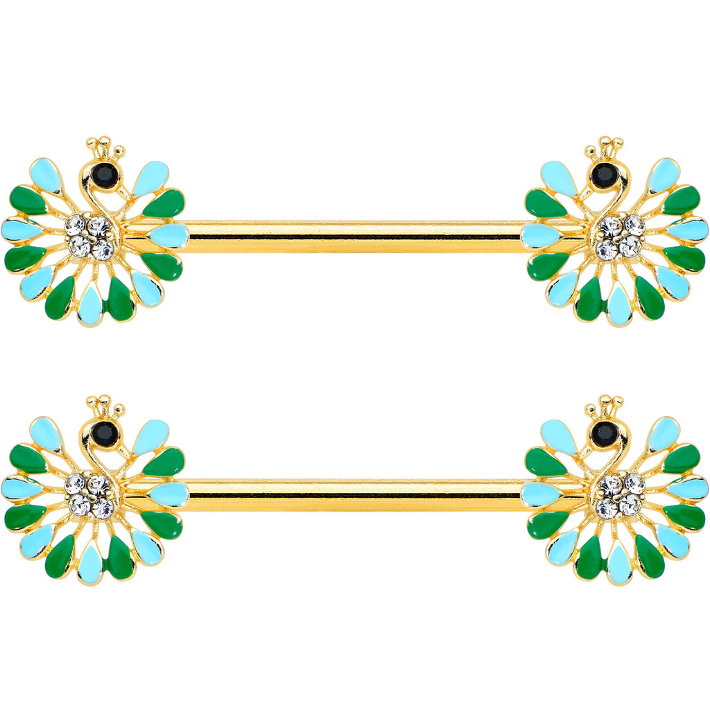 14G 5/8 Clear Gem Gold Hue Pretty Peacock Barbell Nipple Ring Set