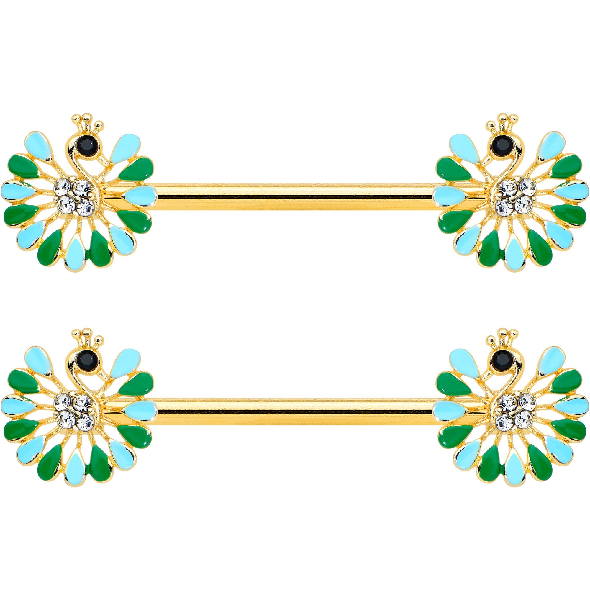 14G 5/8 Clear Gem Gold Hue Pretty Peacock Barbell Nipple Ring Set