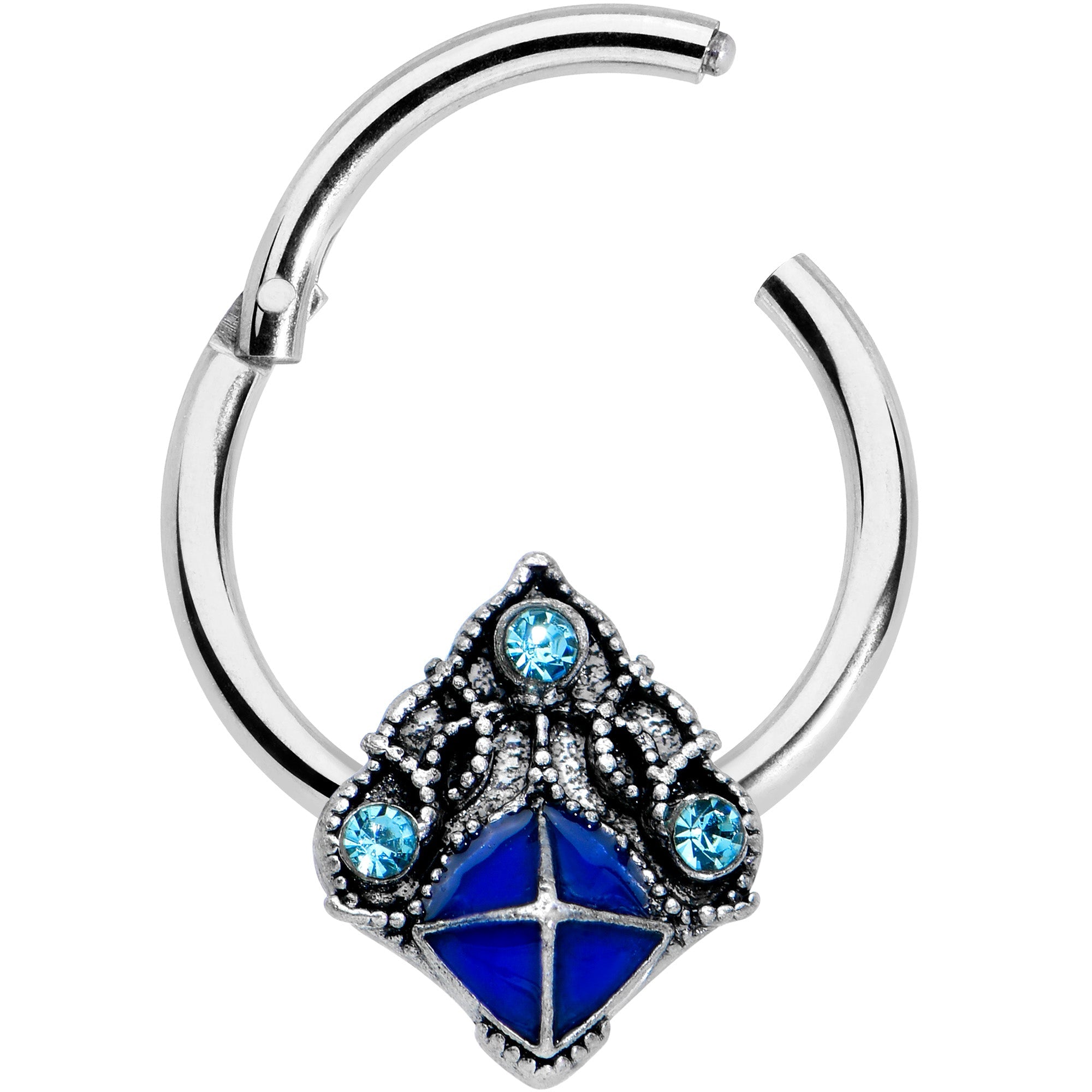 16G 3/8 Blue Gem Rococo Blue Hinged Segment Ring